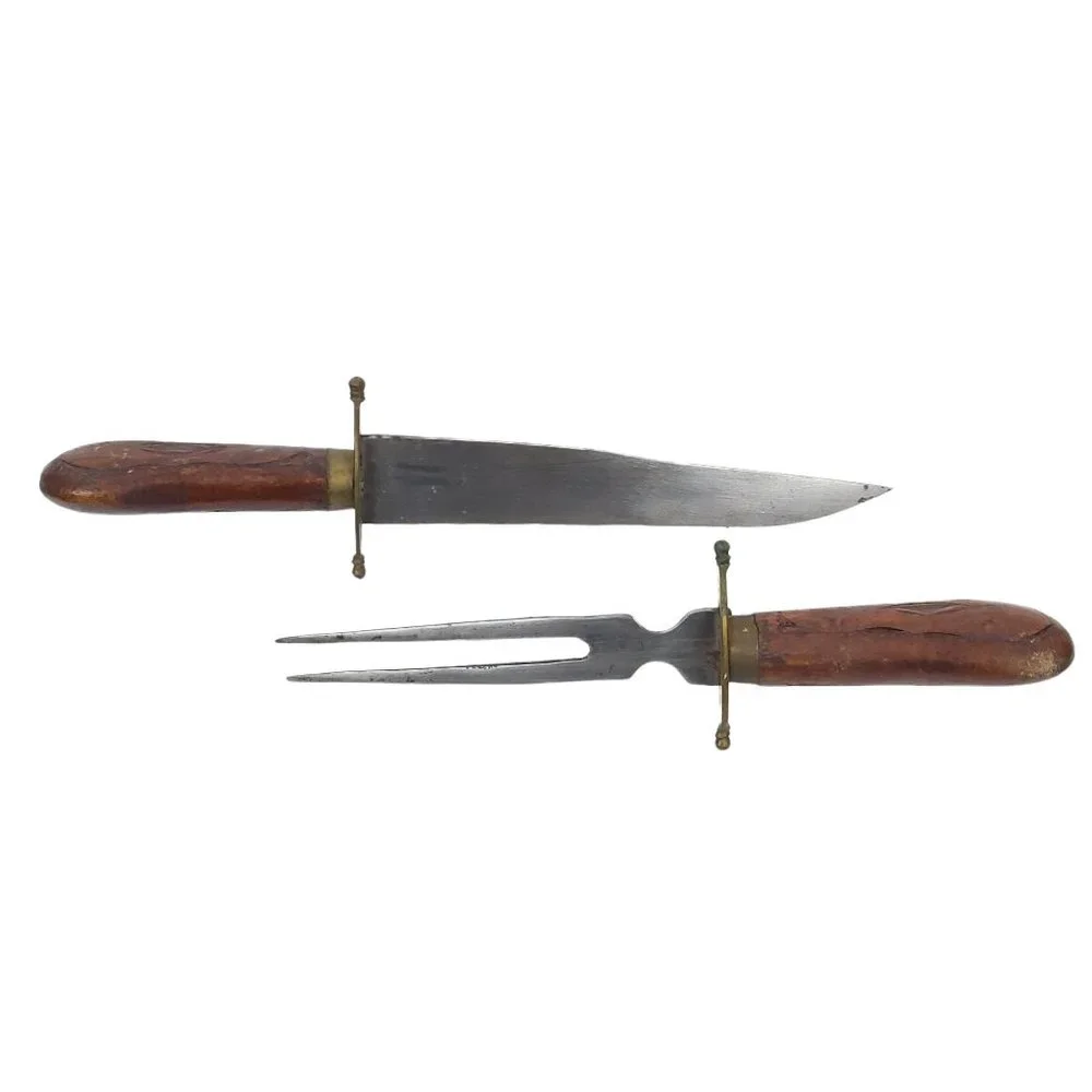 Vintage Carving Knife Fork Set Carved Wood Sheath Brass Engraved India
